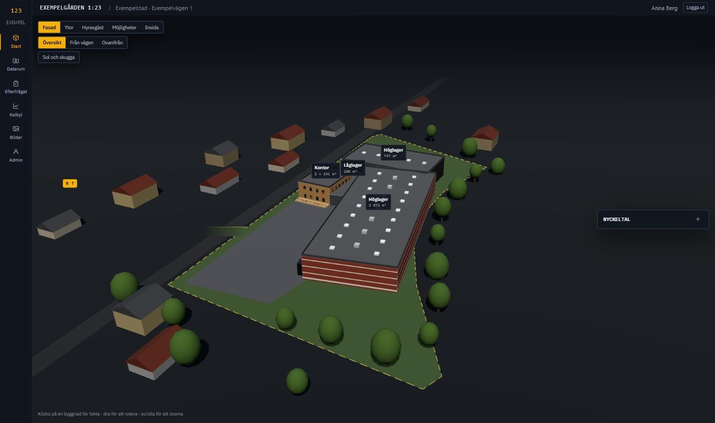 3D-modellen på sajtens startsida, med byggnadernas namn och ytor